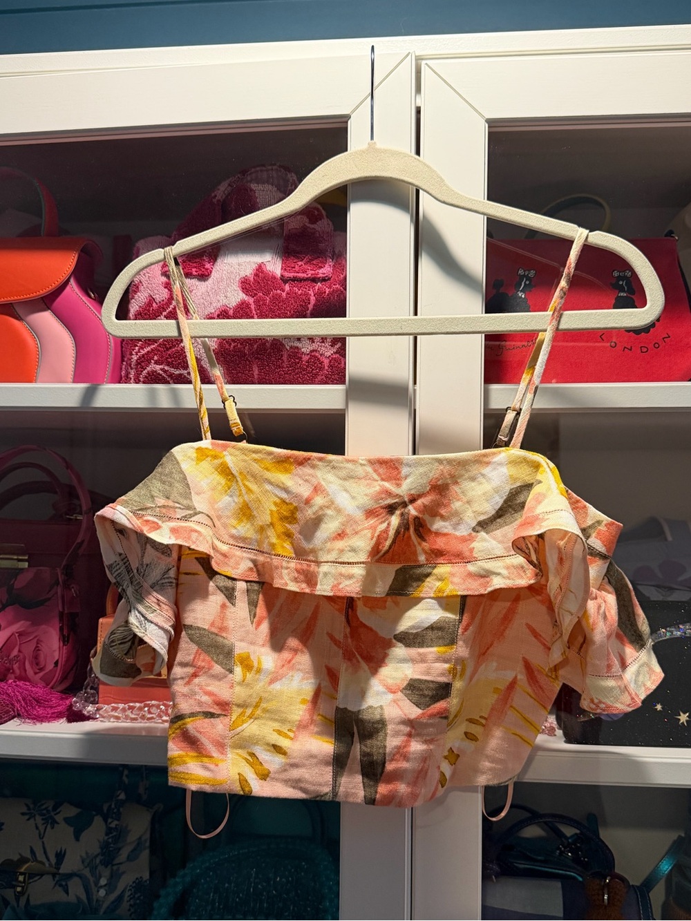 Joie tropical floral off the shoulder linen crop top